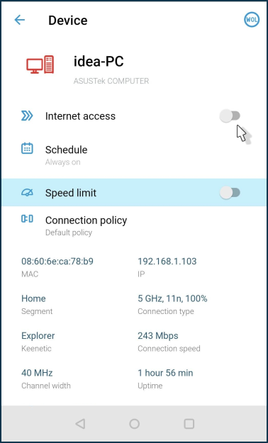 disable internet access for a user mac